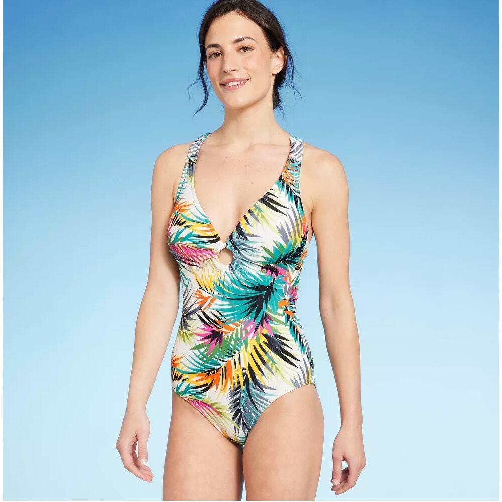Shade & Shore Tropical Print Plunge Ring Detail One Piece Swimsuit Size Small - Picture 1 of 7